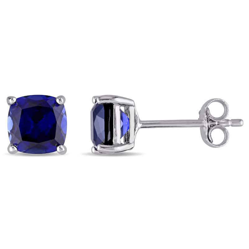 Miadora Sterling Silver Cushion Cut Created Blue Sapphire Birthstone Stud Earrings