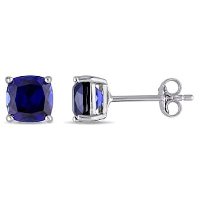 Miadora Sterling Silver Cushion Cut Created Blue Sapphire Birthstone Stud Earrings