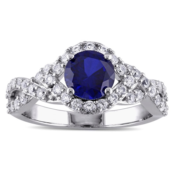 Miadora Sterling Silver Created Blue and White Sapphire Crossover Engagement Ring
