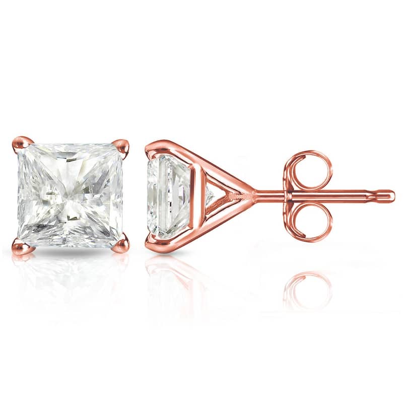 14k Gold Princess-Cut 1 1/4ct TDW TDW Martini Set Diamond Stud Earrings by Auriya (J-K, I2-I3) - Rose