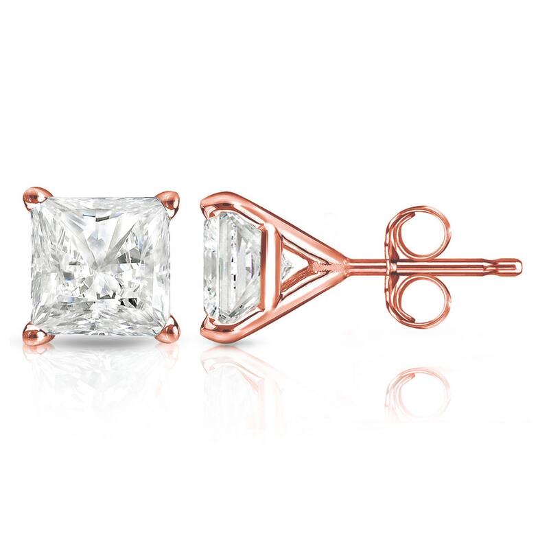 14k Gold Princess-Cut 1 1/2ct TDW TDW Martini Set Diamond Stud Earrings by Auriya (I-J, I1-I2) - Rose