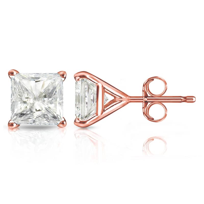 14k Gold Princess-Cut 1 1/2ct TDW TDW Martini Set Diamond Stud Earrings by Auriya (J-K, I2-I3) - Rose