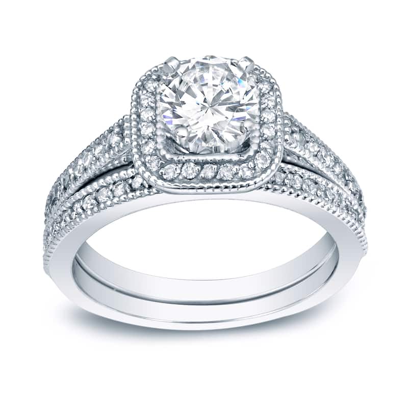 Auriya Vintage 1 carat TW Cushion-cut Halo Diamond Engagement Ring Set Platinum - 7.5