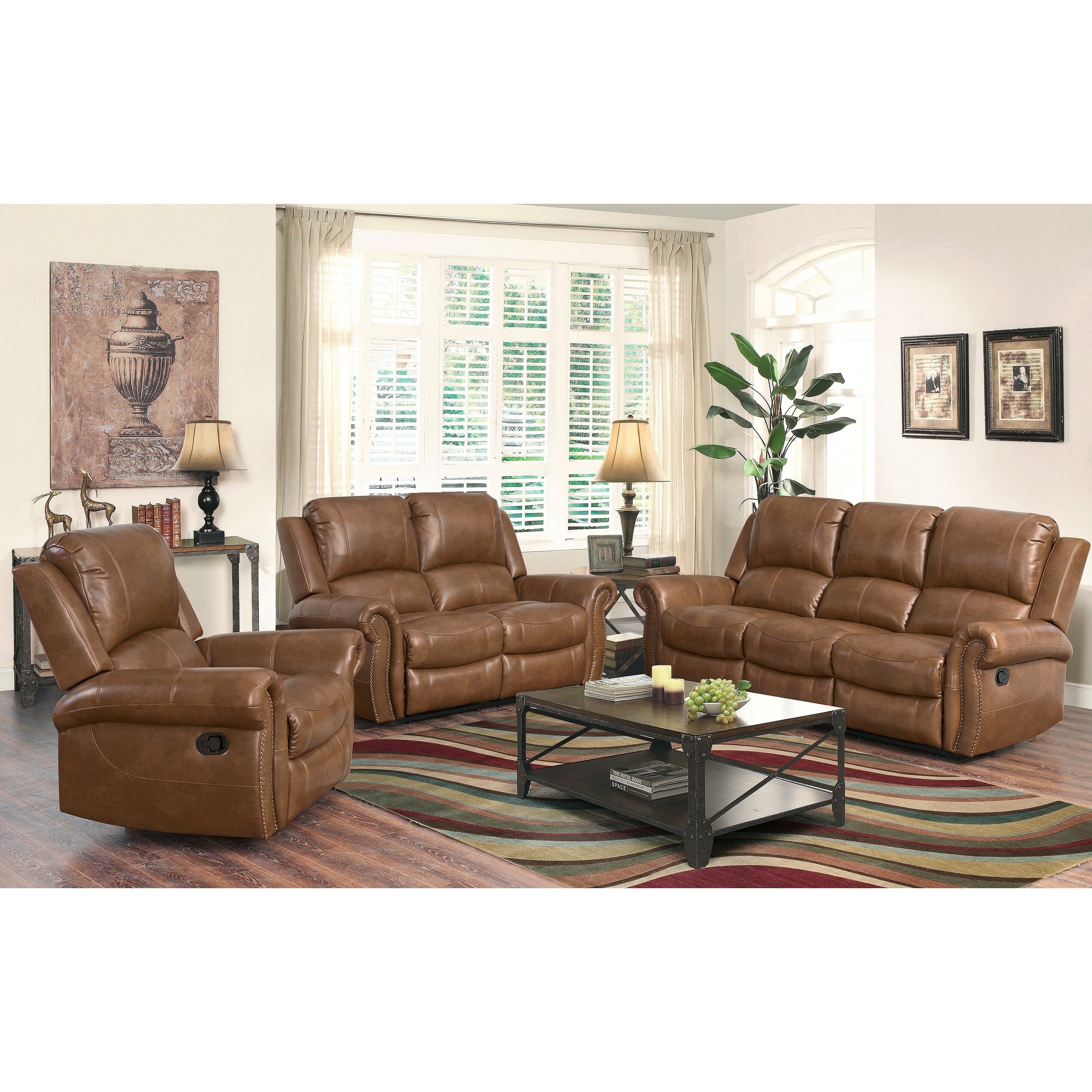 Abbyson Skyler Cognac 3 Piece Leather Reclining Set Abbyson Skyler Cognac 3 Piece
