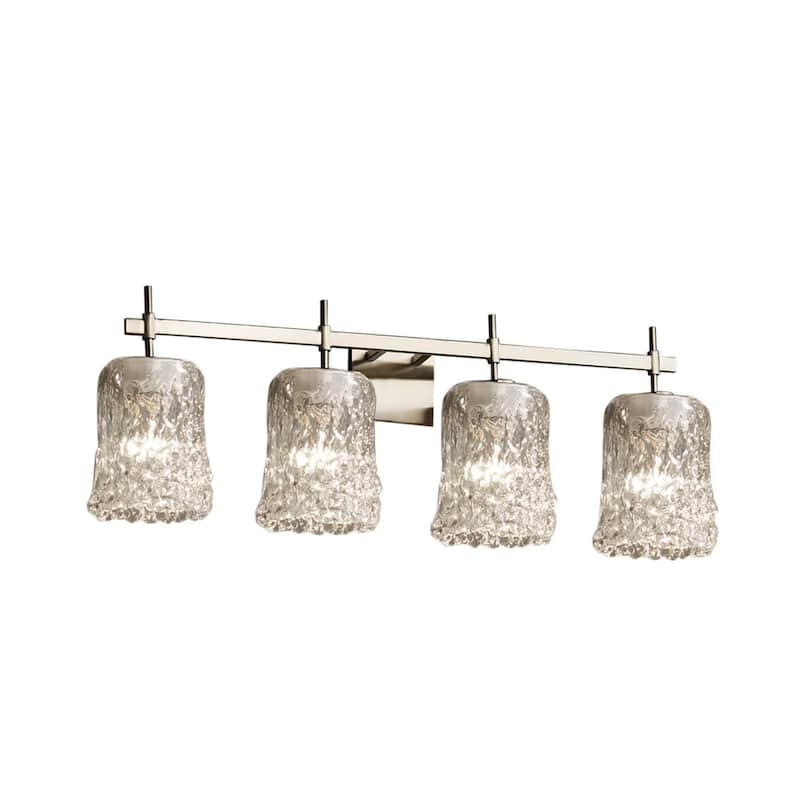 Justice Design Veneto Luce Union 4-light Brushed Nickel Bath Bar, Clear Textured Cylinder - Rippled Rim Shade
