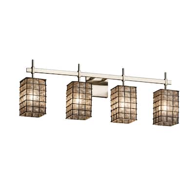 Justice Design Wire Glass Union 4-light Brushed Nickel Bath Bar, Grid with Clear Bubbles Square - Flat Rim Shade
