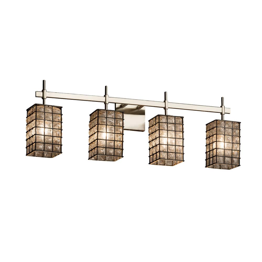 Justice Design Wire Glass Union 4-light Brushed Nickel Bath Bar, Grid with Clear Bubbles Square - Flat Rim Shade