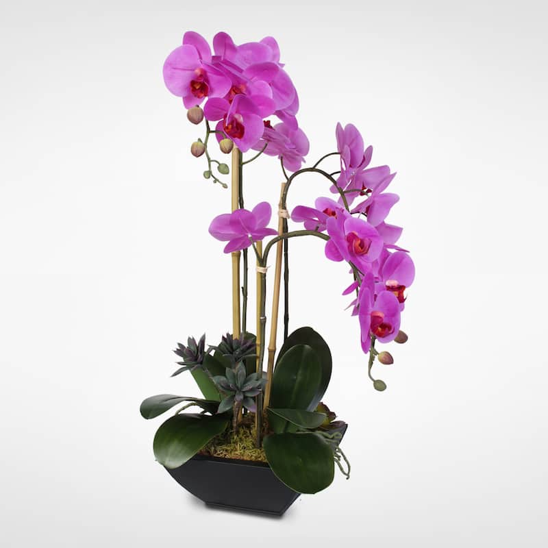 Real Touch Phalaenopsis Silk Orchid Arragnement In A Metal Pot - Purple 