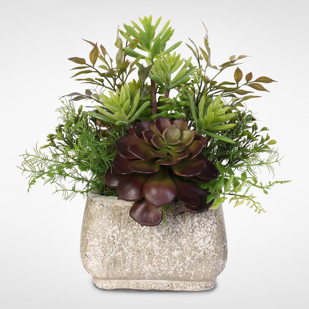 Artificial Succulent Arrangement in a Stone Pot - Green