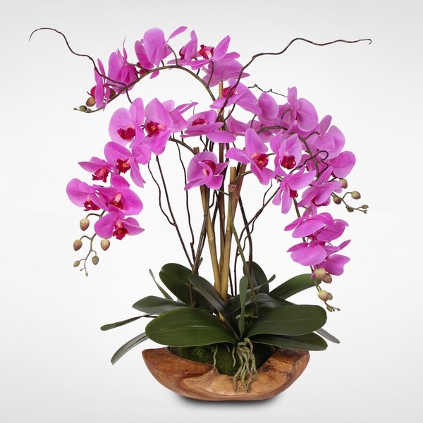 Shop Purple Real Touch Phalaenopsis Silk Orchid Arrangement In A Natural Teak Bowl On Sale