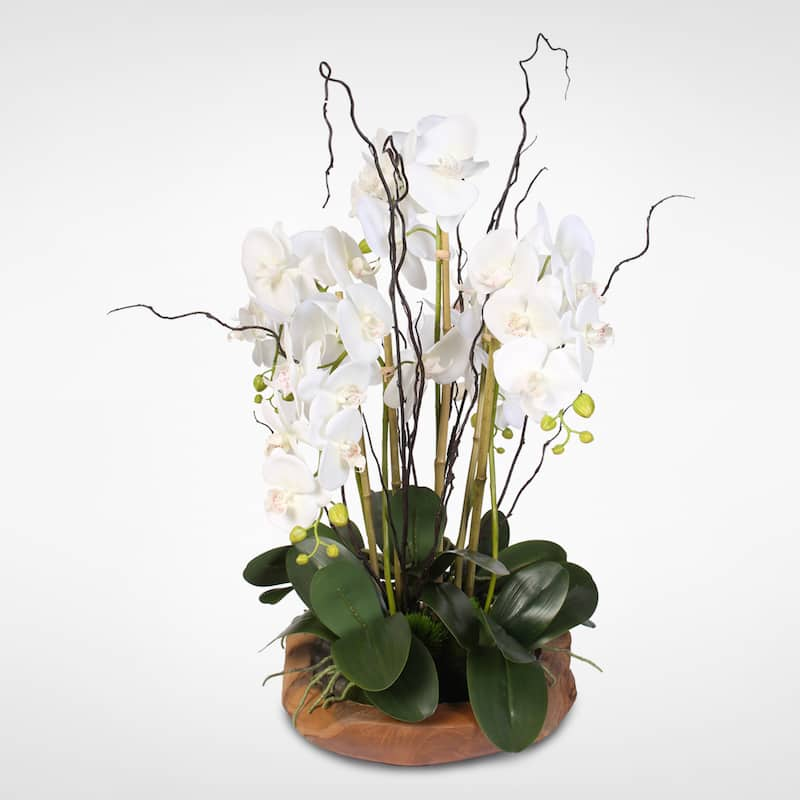 White Real Touch Phalaenopsis Silk Orchid Arrangement In A Natural Teak 