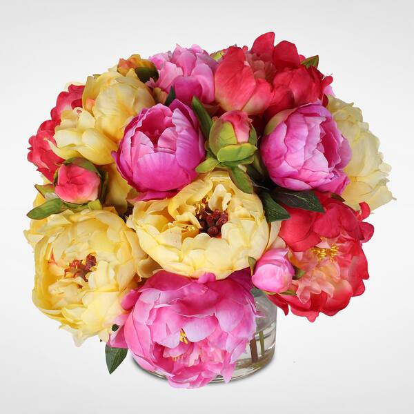 Silk French Peonies Bouquet in Glass Vase with Fake Water - On Sale ...