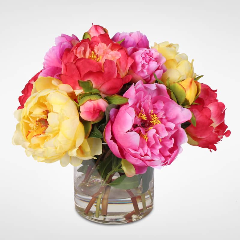 Silk French Peonies Bouquet in Glass Vase with Fake Water