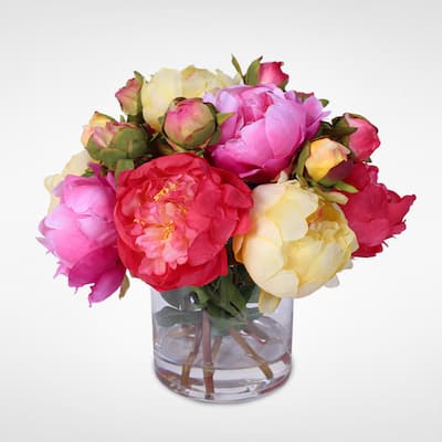 Silk French Peonies Bouquet in Glass Vase with Fake Water