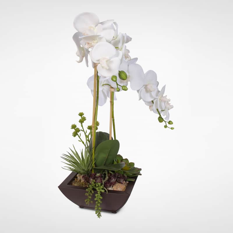 Real Touch White Phalaenopsis Silk Orchids with Succulents in a Modern Metal Container