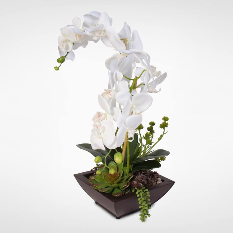 Real Touch White Phalaenopsis Silk Orchids with Succulents in a Modern Metal Container