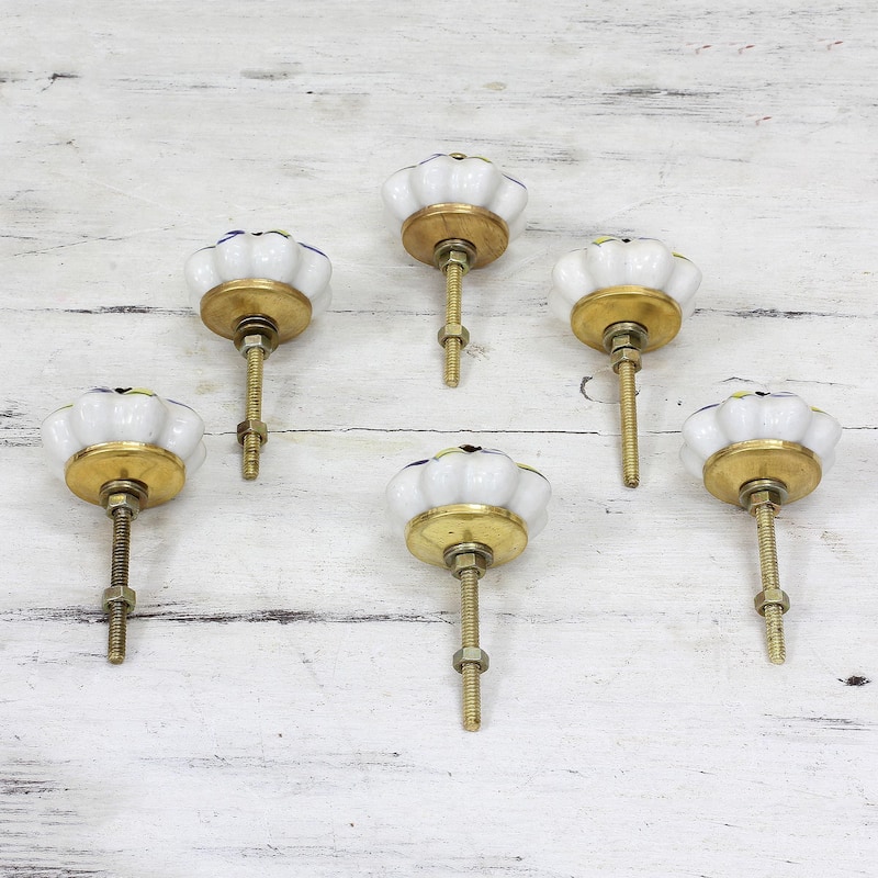 Set of 6 Handmade Ceramic 'Bright Sunshine' Cabinet Knobs (India) - 3.1" H x 2" W x 1.2" D