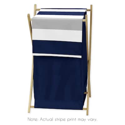 Sweet Jojo Designs Stripe Collection Navy Blue/Grey Wood/Mesh Laundry Hamper