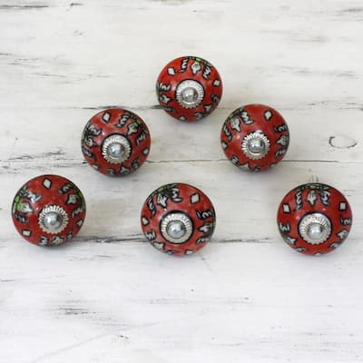 NOVICA Set of 6 Handmade Ceramic 'Charming Red Flowers' Cabinet Knobs