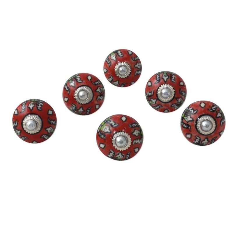 NOVICA Set of 6 Handmade Ceramic 'Charming Red Flowers' Cabinet Knobs