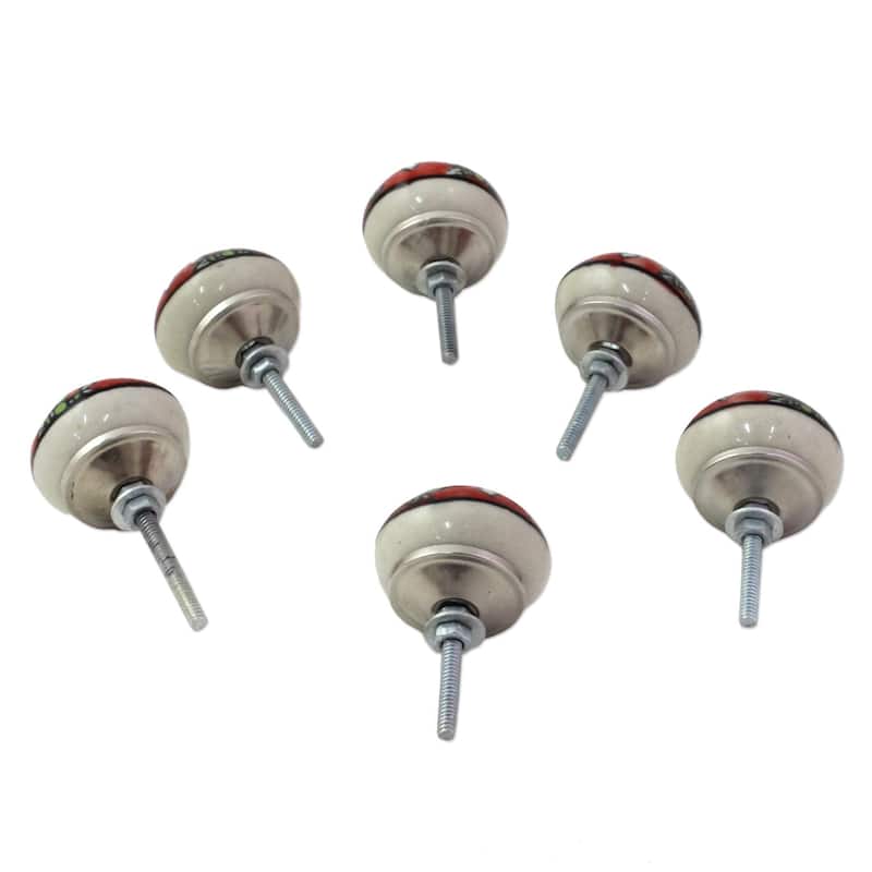 NOVICA Set of 6 Handmade Ceramic 'Charming Red Flowers' Cabinet Knobs