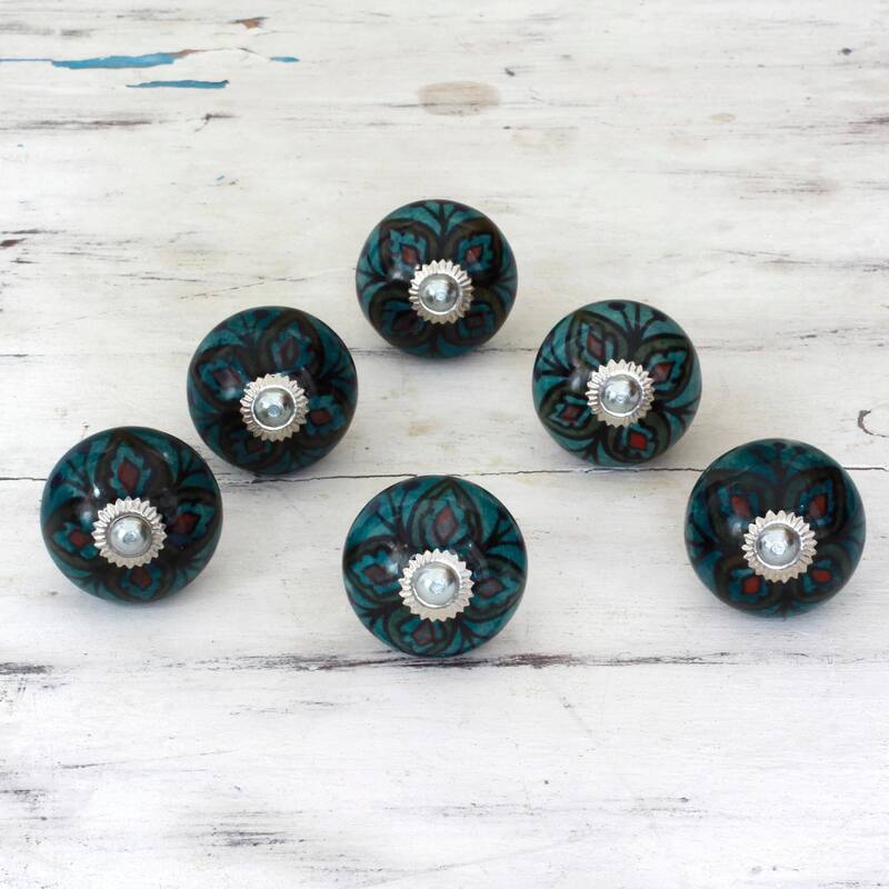 Set of 6 Handmade Ceramic 'Floral Helpers' Cabinet Knobs (India)