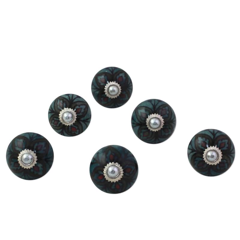 Set of 6 Handmade Ceramic 'Floral Helpers' Cabinet Knobs (India)