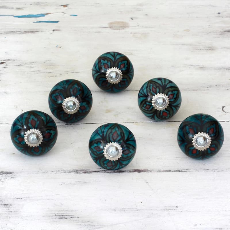Set of 6 Handmade Ceramic 'Floral Helpers' Cabinet Knobs (India)