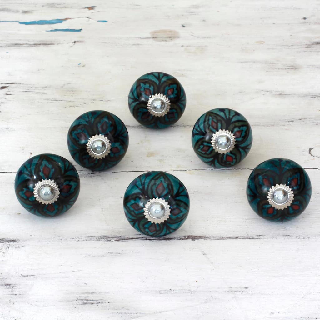 Set of 6 Handmade Ceramic 'Floral Helpers' Cabinet Knobs (India)