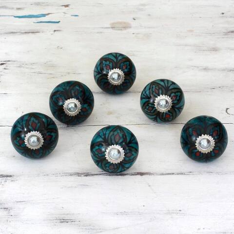 Handmade Set of 6 Ceramic 'Floral Helpers' Cabinet Knobs (India)