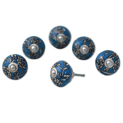 Set of 6 Handcrafted Ceramic 'Charming Blue Flowers' Cabinet Knobs (India) - 2