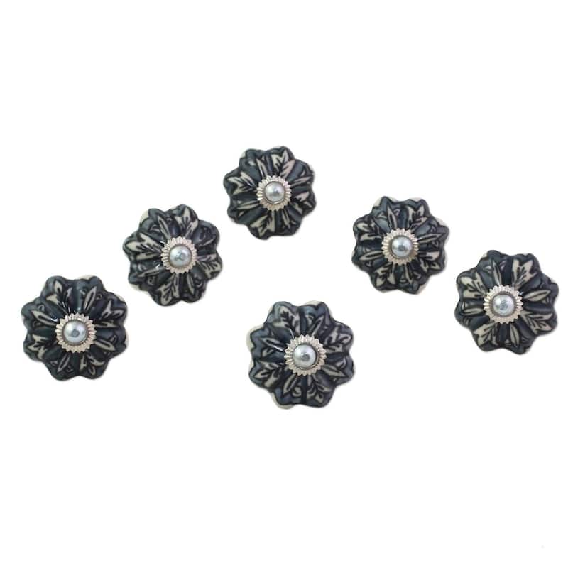 NOVICA Handmade Flower Harmony Ceramic Cabinet Knobs, Set of 6 (India) - Grey
