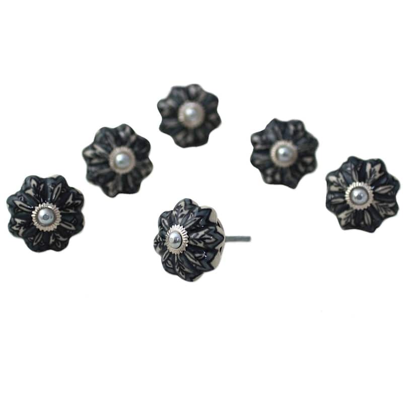 NOVICA Handmade Flower Harmony Ceramic Cabinet Knobs, Set of 6 (India)