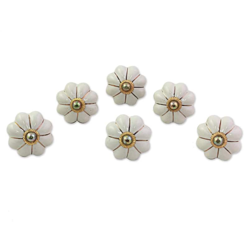 Set of 6 Handcrafted Ceramic 'Pale Floral Beauties' Cabinet Knobs (India)