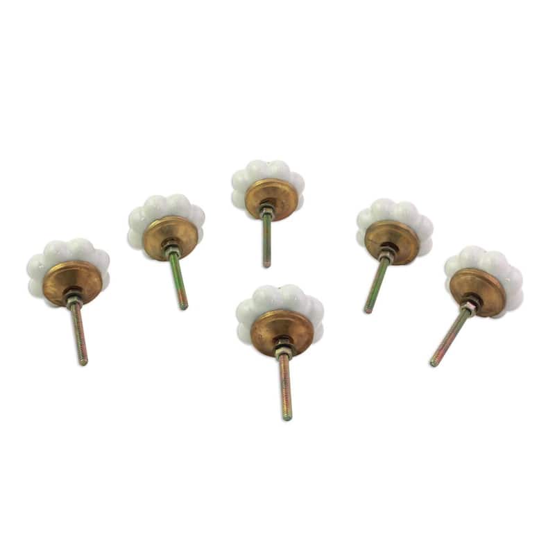 Set of 6 Handcrafted Ceramic 'Pale Floral Beauties' Cabinet Knobs (India)