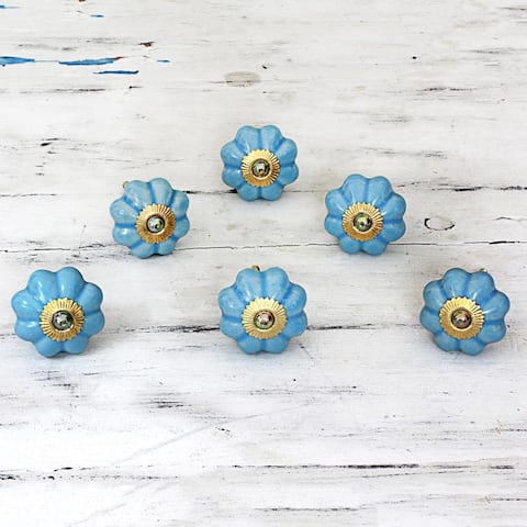Handmade Set of 6 Ceramic 'Floral Beauties in Sky Blue' Cabinet Knobs (India)