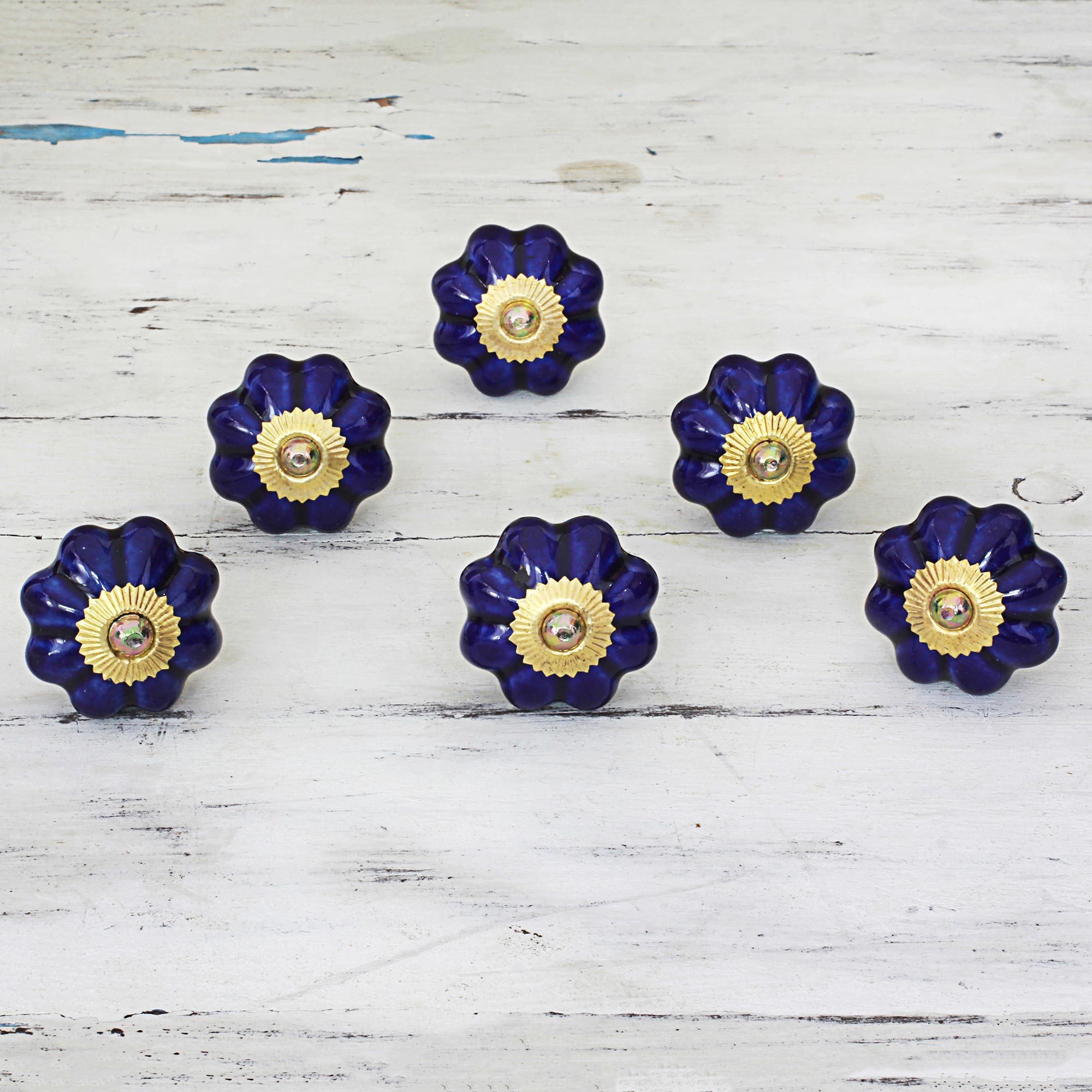 Shop Handmade Set Of 6 Ceramic Floral Beauties In Indigo Cabinet