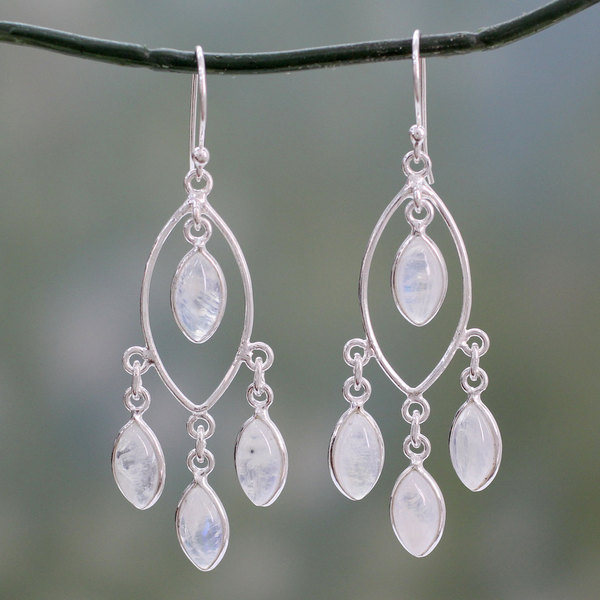 Handmade Sterling Silver Luminous Dew Rainbow Moonstone Handmade Sterling Silver X27 Luminous Dew Rainbow Moonstone Chandelier Earrings