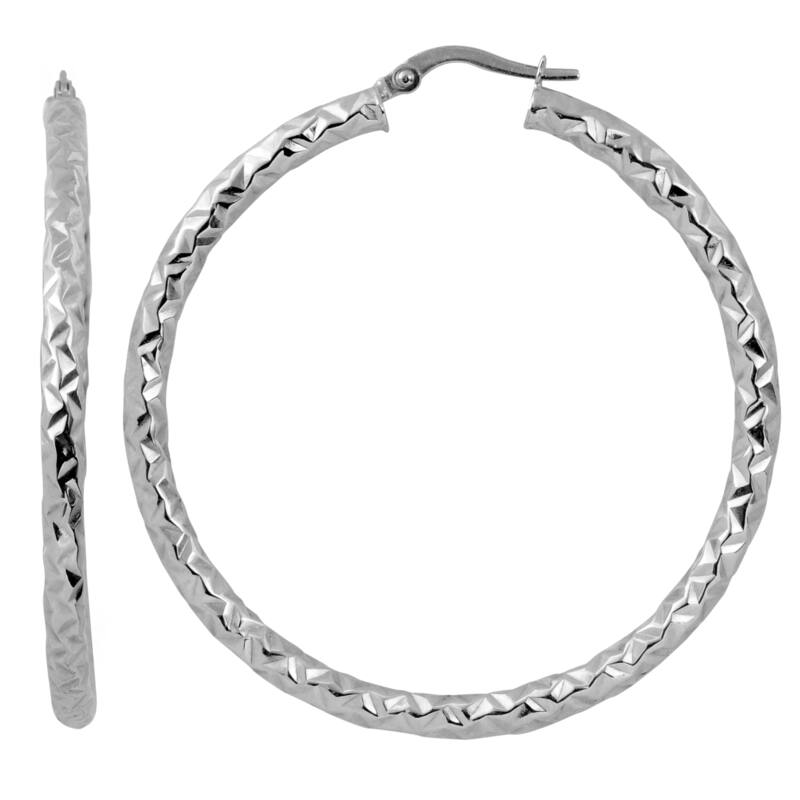 Fremada Italian 14k Gold 3x40-mm Diamond-cut Round Hoop Earrings (yellow gold or white gold) - White Gold