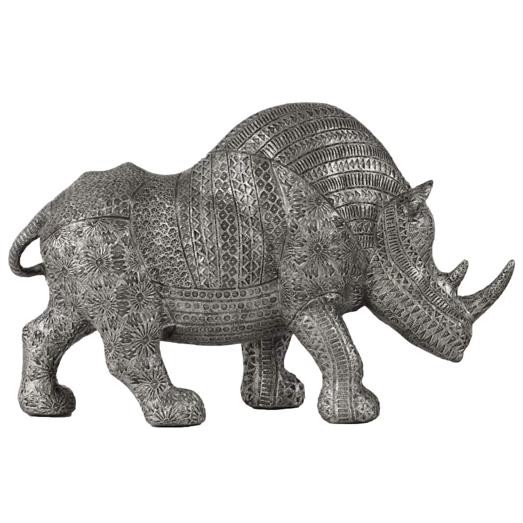 Silver Resin Metallic Finish Standing Rhinoceros Figurine