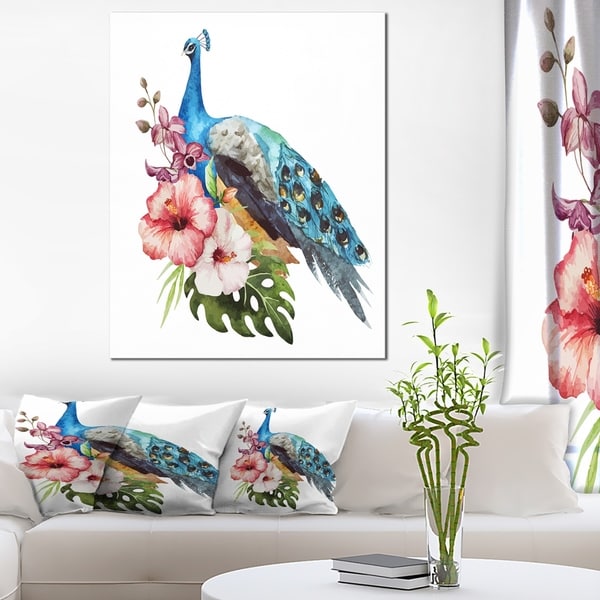 Hibiscus Flowers and Blue Peacock - Large Flower Canvas Wall Art