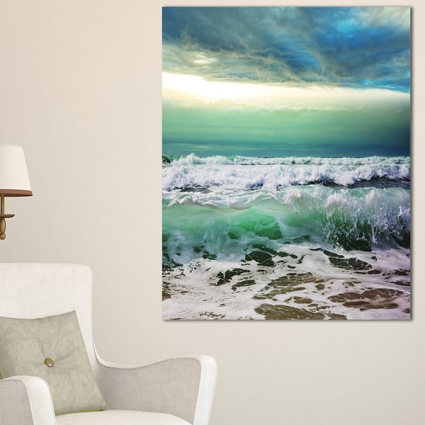 Green Foaming Waves and Blue Sky - Large Seashore Canvas Print - - 12417512