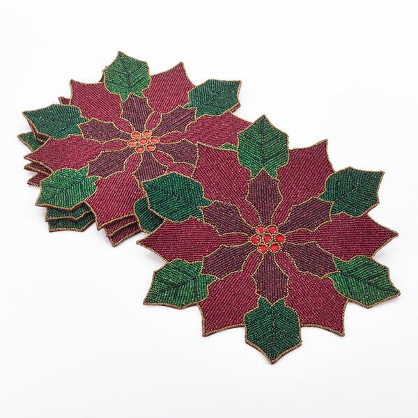 Set Of 4 St. Nicholas Square Poinsettia Placemats – Festive Red, White & Green – Machine Washable Holiday Table Setting