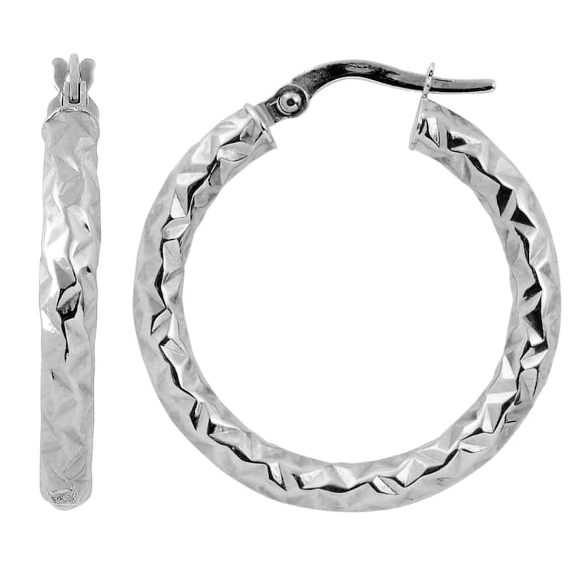 Fremada Italian 14k Gold 3x20-mm Diamond-cut Round Hoop Earrings (yellow gold or white gold) - White Gold