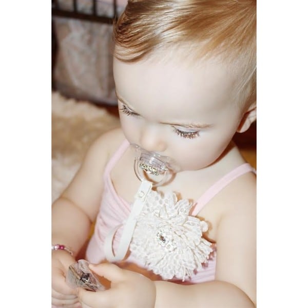 dummy pacifier clip baby girl dark pink damask teddy bear clip