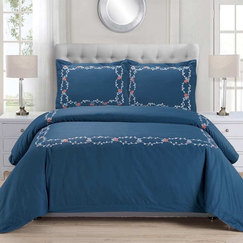 Cotton Traditional Floral Embroidery Duvet Cover Set by Superior