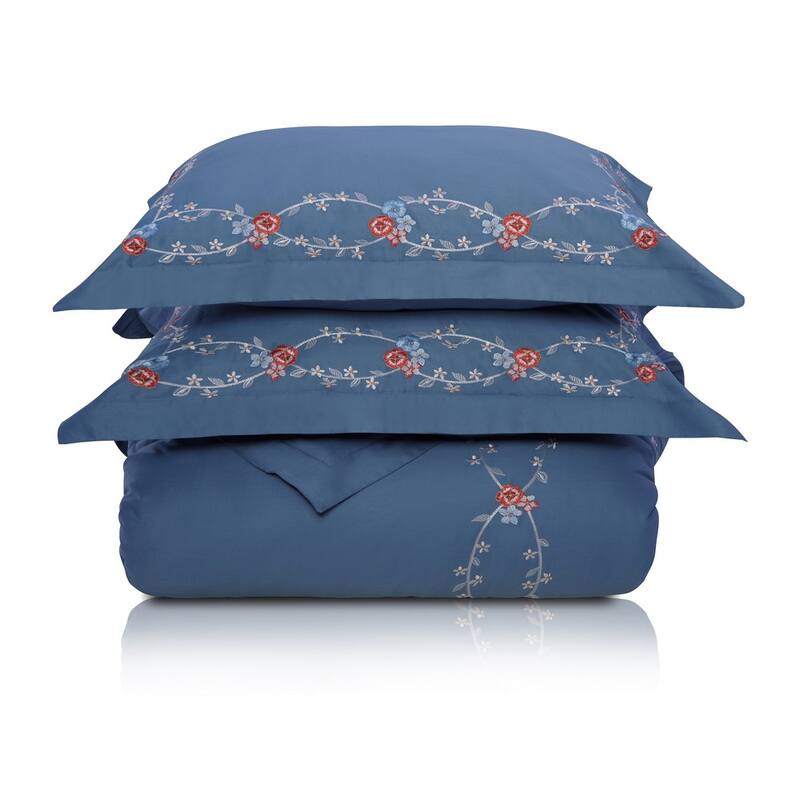 Cotton Traditional Floral Embroidery Duvet Cover Set by Superior - Full - Queen