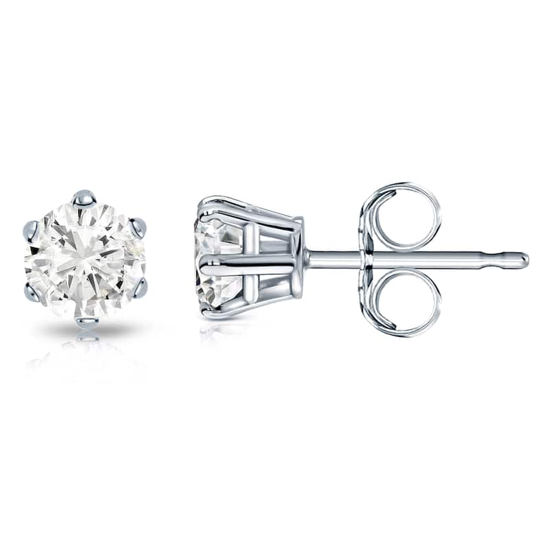 14k Gold 1ct TDW 6 Prong Round Solitaire Diamond Stud Earrings by Auriya (J-K, I2-I3)
