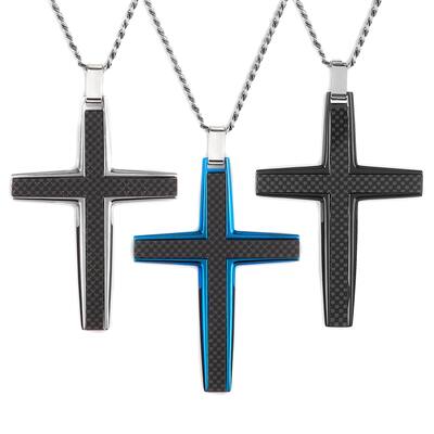 Men's Carbon Fiber Inlay Large Cross Stainless Steel Pendant