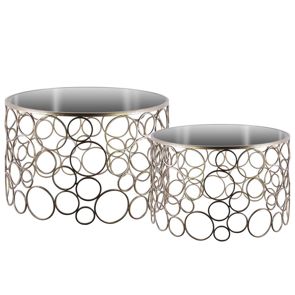 Metal Round Nesting Accent Table with Mirror Top and Circle Lattice Design Body Set of Two Metallic Finish Champagne